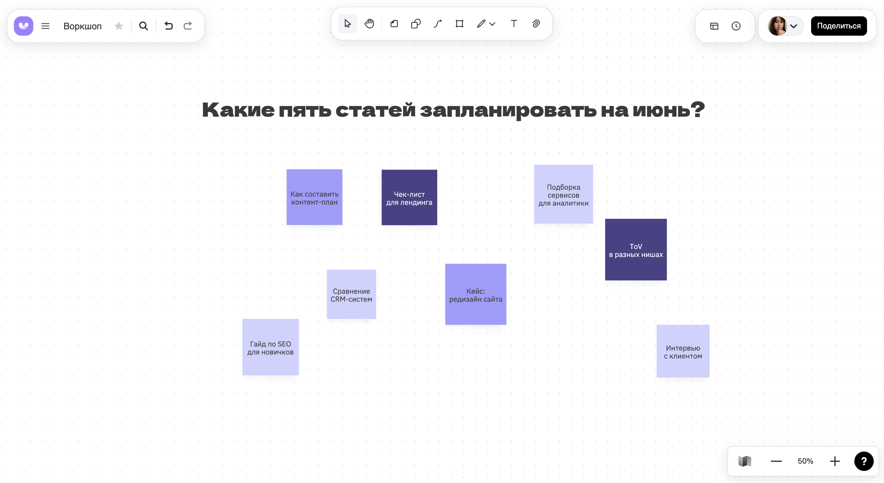 Мозговой штурм команды редакции на онлайн-доске. Cтикеры с идеями тем сгруппированы вокруг конкретного вопроса о статьях на июнь